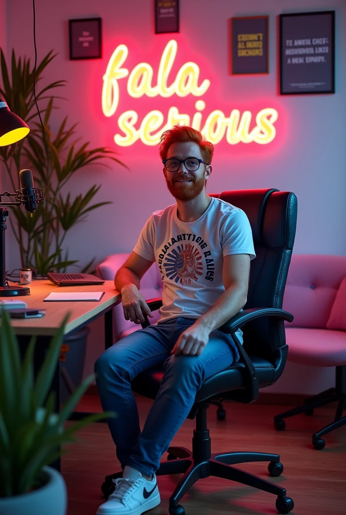 The background could have the name of the podcast “fala serious” in Portuguese in fun typography. Comfortable, modern furniture like a light wood table and black chair with lilac accents add personality. Warm lighting with subtle LED lights creates a welcoming atmosphere. Plants, images with funny phrases and high-quality microphones complement the look, reflecting the light and humorous tone of the program. man Thick-rimmed glasses, t-shirts printed with geek references, and a casual style, with sneakers and jeans. redhead blue eyes