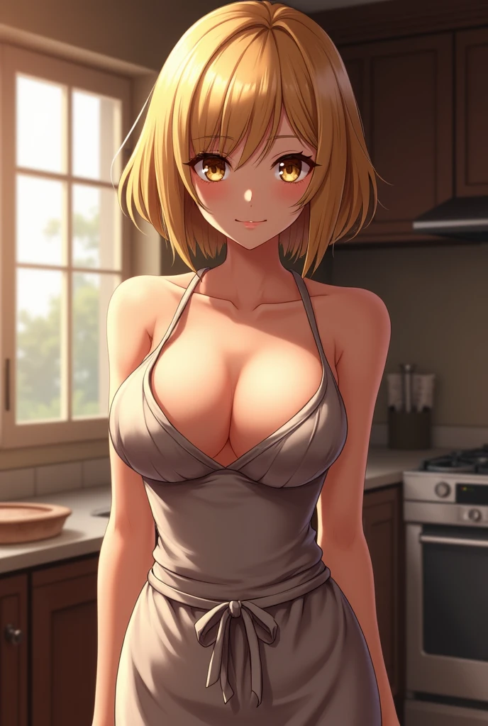 One adult woman,Gal,Blonde,Short Hair,Big Breasts,sexy,Naked Apron,living,Bring the food,high quality,anime,