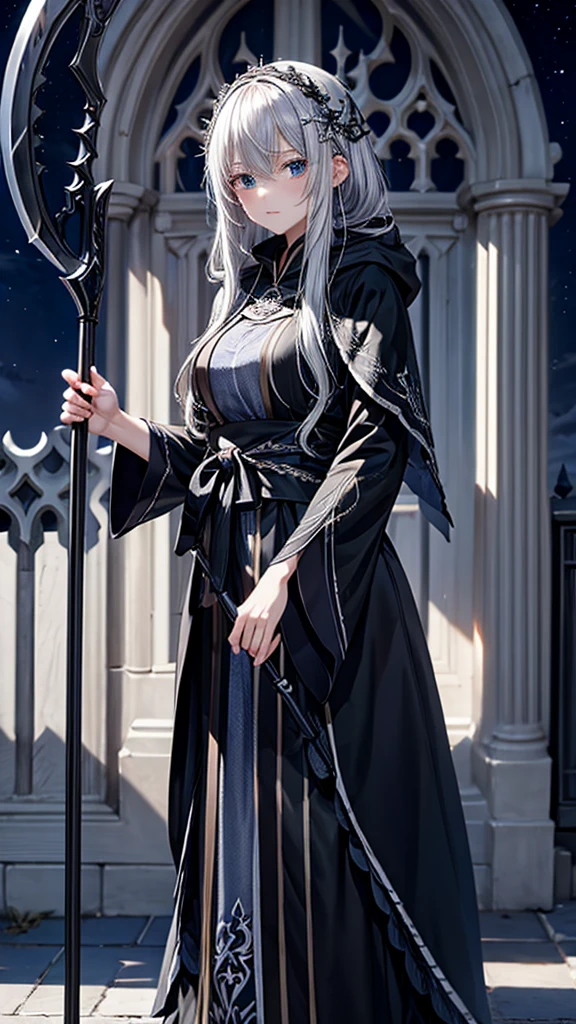 woman、beautiful、Silver Hair、Black hood、Embroidered and decorated robes、What size is the person standing there holding a scythe in his hand?、Ice Magic、cathedral、night、dark、Elfriede