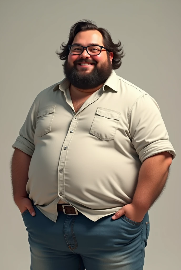 A chubby man with a beard and medium-length hair and black glasses wearing a shirt and denim shorts