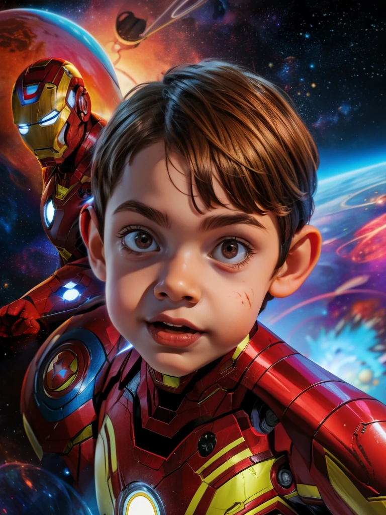 Cinematic Cartoon style. Comic art. TME0224 face, (((a boy, ***))) in a funny night, brown eyes, (((wearing a red Iron-Man costume))). (((Comic cosmic space with stars background))). cinematic lighting, drop shadow, masterpiece, UHD, anatomically correct, textured skin, super detail, high details, high quality, best quality, 4K