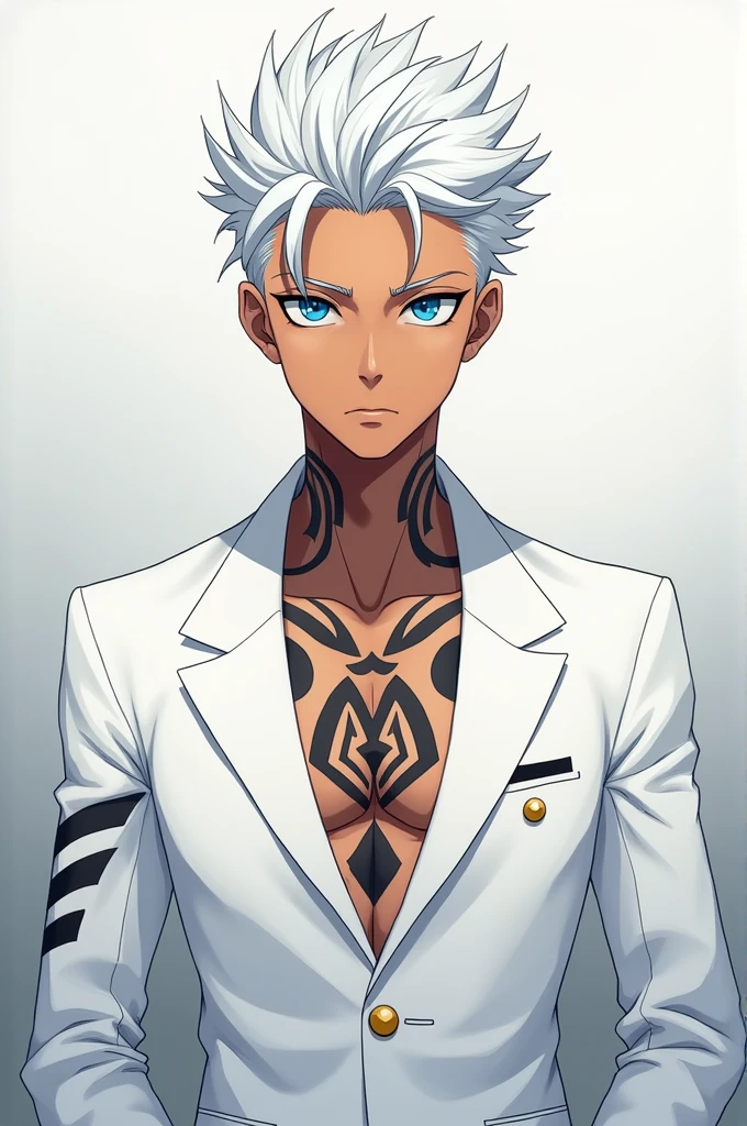  Anime boy white hair blue eyes brown skin white suit. Marked body 