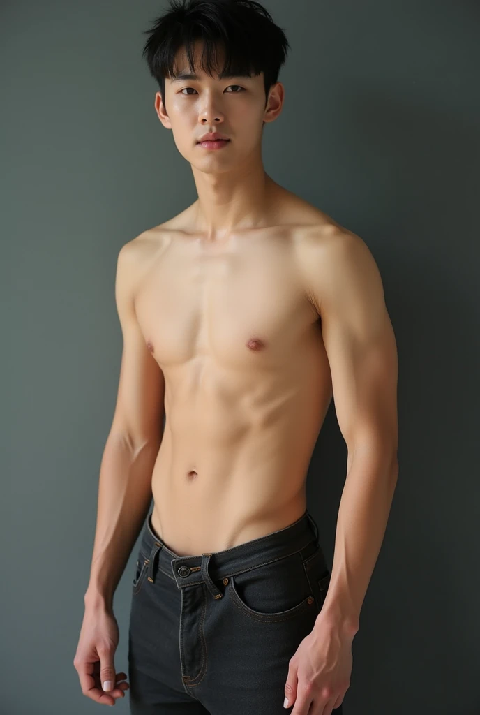 A handsome and young  Korean boy with resemblance to Enhypen&#39;s Sunghoon and actor Byeon Woo Seok with naked toned body and penis