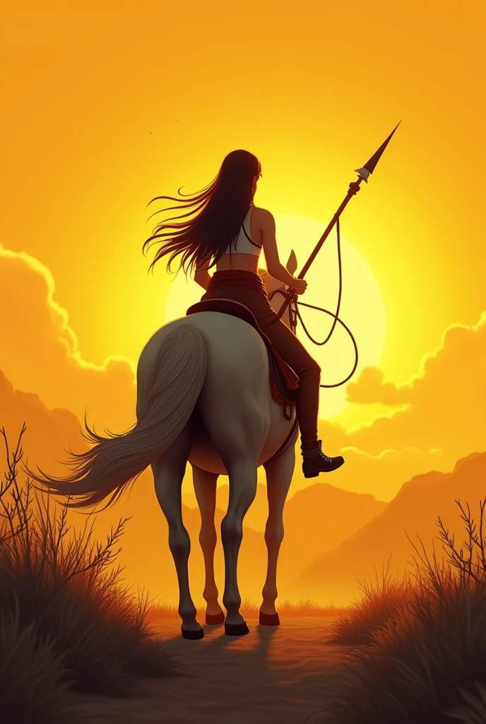 Anime, 2D drawing, warrior women walking behind a horse, bigger yellow sunset scene
