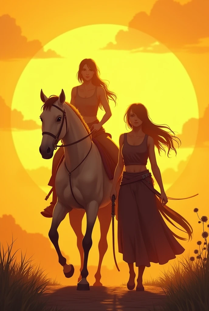 Anime, 2D drawing, warrior women walking behind a horse, bigger yellow sunset scene