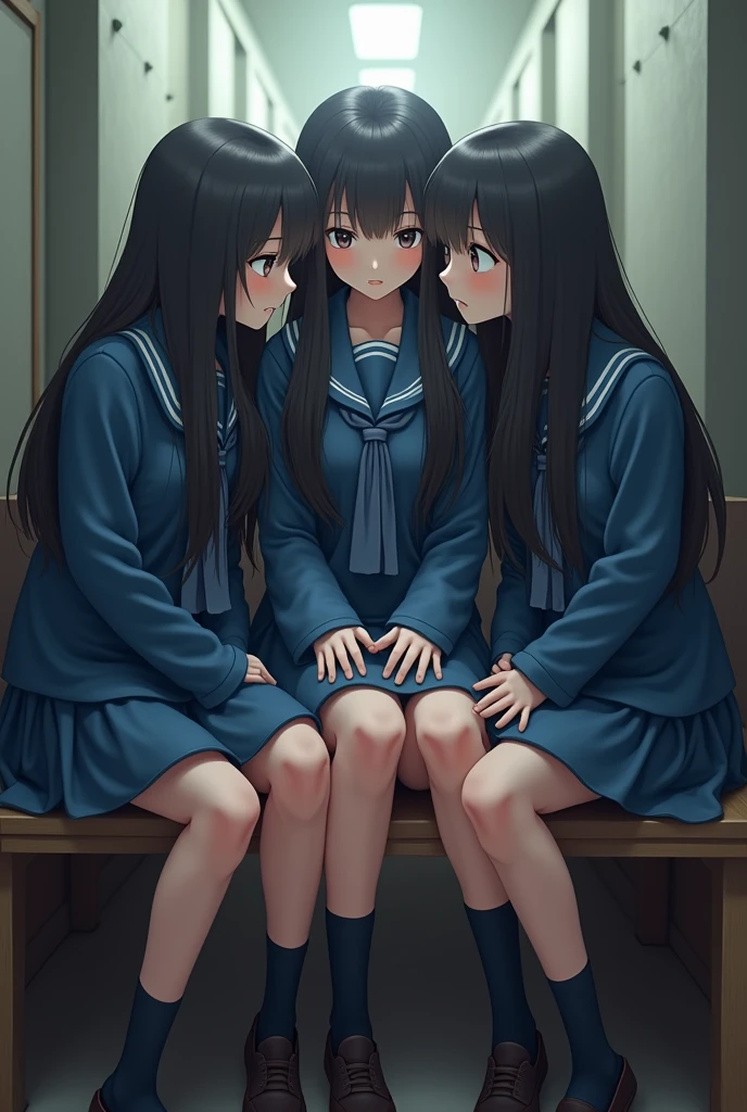 Too many long haired Asian girls in realistic blue school uniforms sitting on bench in narrow room