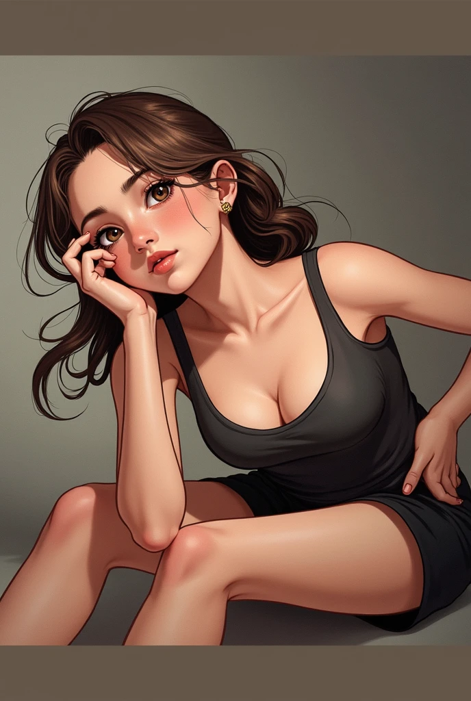 1 girl with brown hair, young face without wrinkles