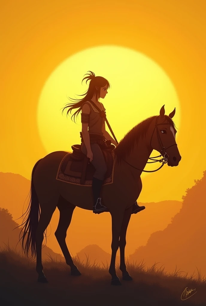 Anime, 2D drawing, warrior women walking behind a horse, bigger yellow sunset scene
