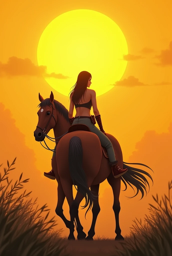 Anime, 2D drawing, warrior women walking behind a horse, bigger yellow sunset scene