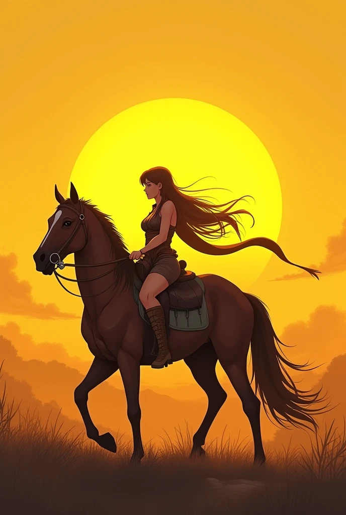 Anime, 2D drawing, warrior women walking behind a horse, bigger yellow sunset scene