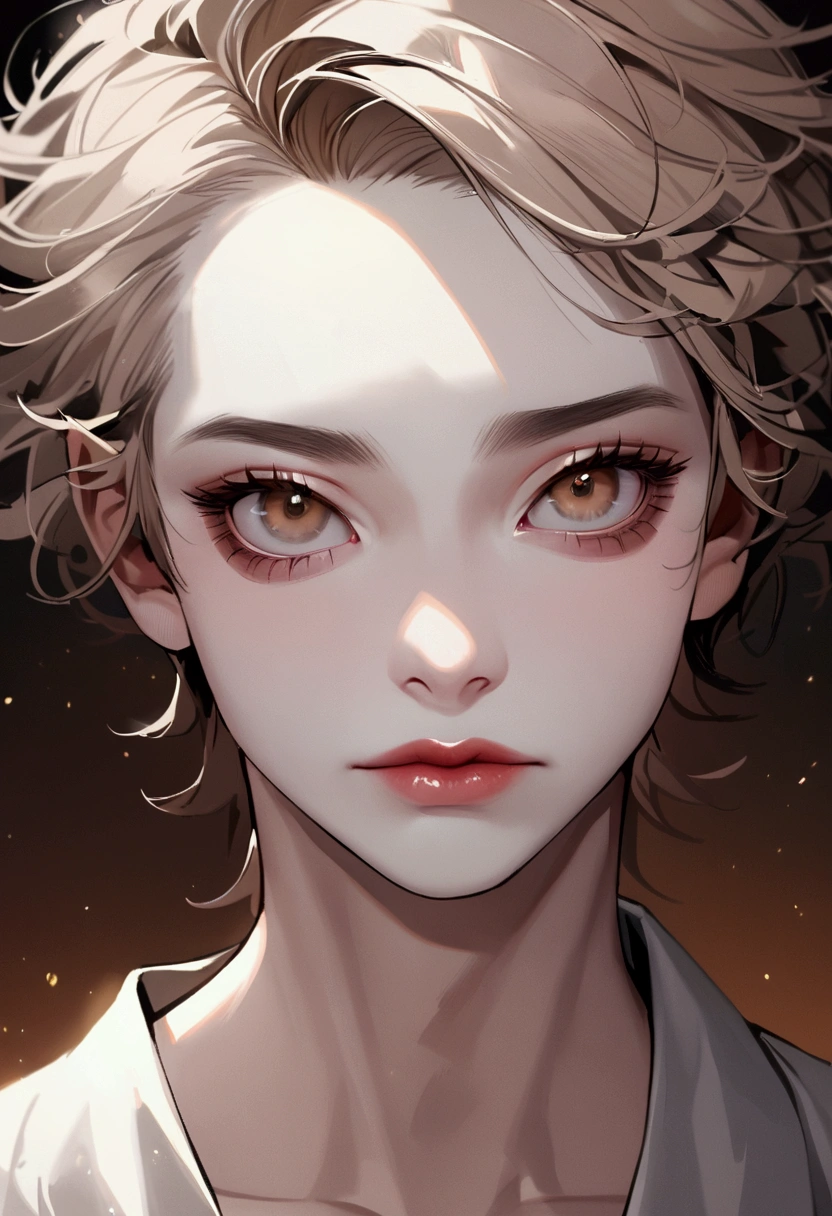 A teenager in his 25 years with ash brown comma-hair , little nose perfect actually , lips norma , with pale skin a little beige , a face very handsome teenager , calm.