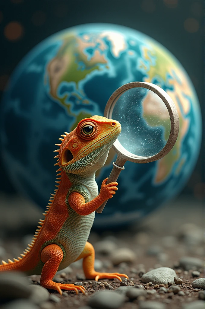 Lézard avec la planète derrière et une loupe