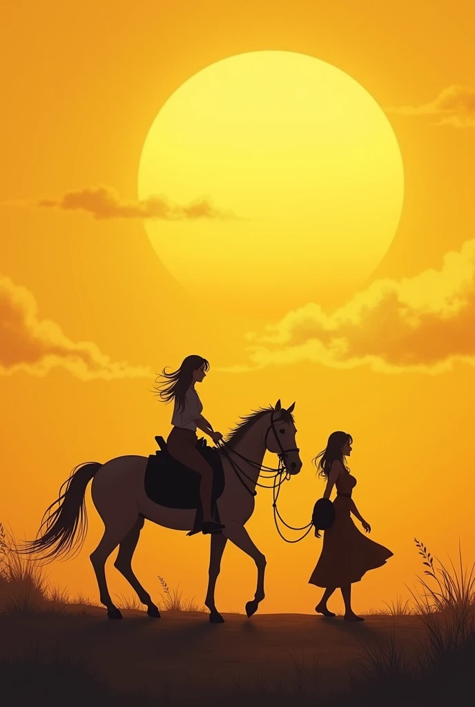Anime, 2D drawing, warrior women walking behind a horse, bigger yellow sunset scene