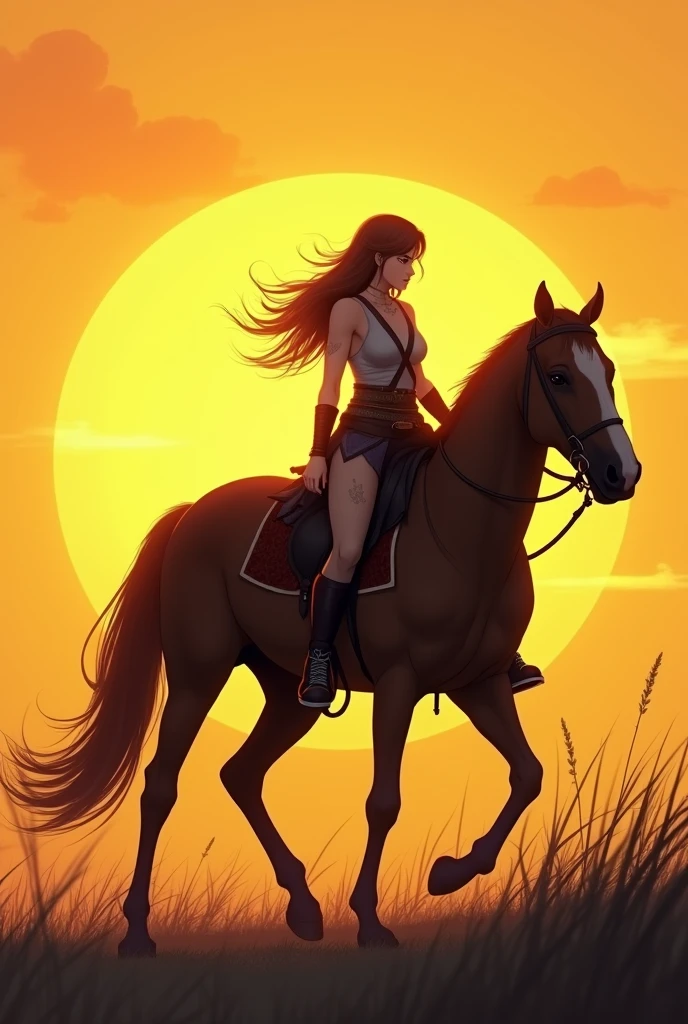 Anime, 2D drawing, warrior women walking behind a horse, bigger yellow sunset scene