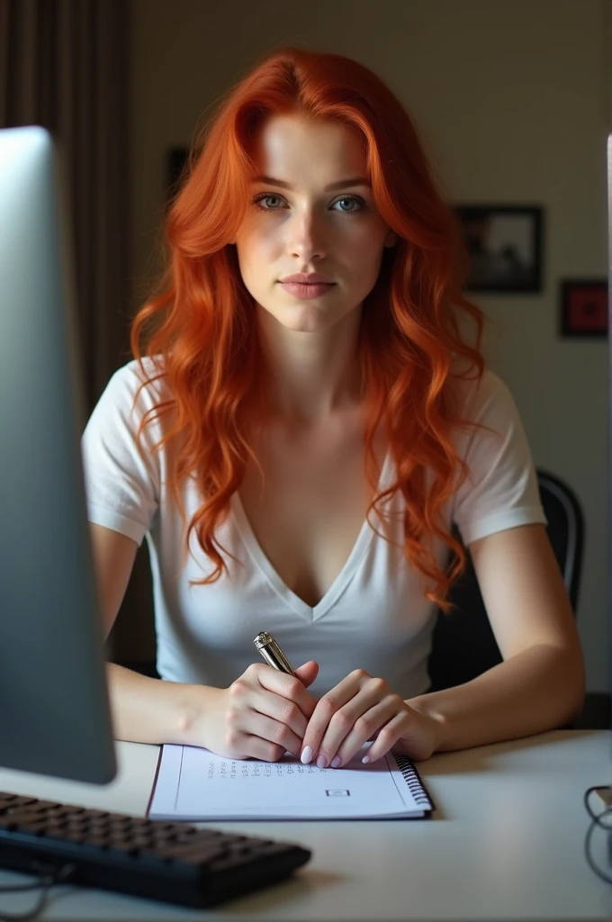 A beautiful redhead , red lengerie ,working on your computer ,growth chart on computer,photo realist, focus on the hand with the computer