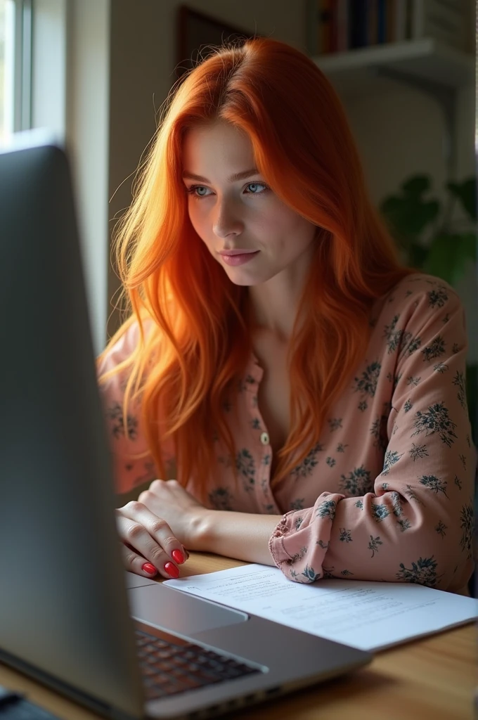 A beautiful redhead , red lengerie ,working on your computer ,growth chart on computer,photo realist, focus on the hand with the computer
