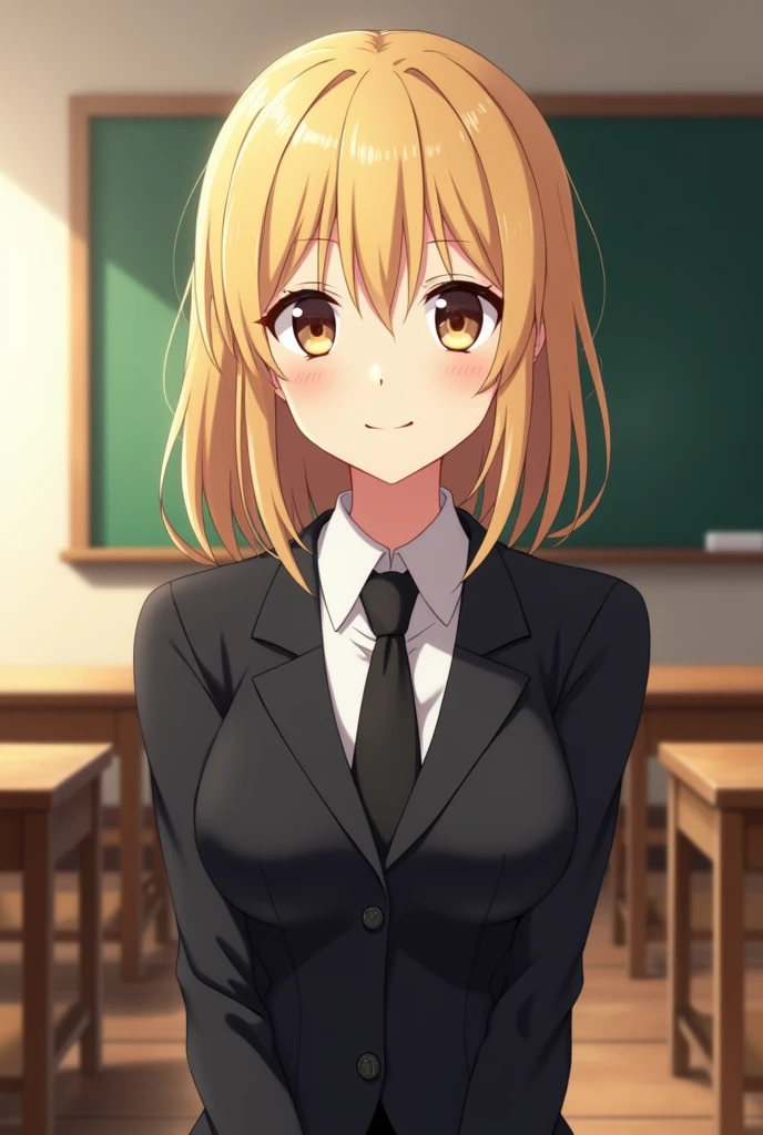 female, blonde hair, straight hair, shoulderlength hair, brown eyes, small, black uniform, smile, classroom background, mature, adult, anime, jjk,