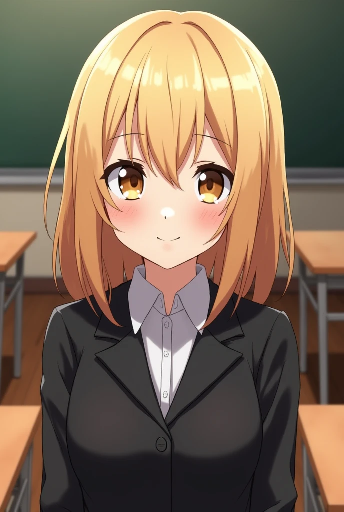 female, blonde hair, straight hair, shoulderlength hair, brown eyes, small, black uniform, smile, classroom background, mature, adult, anime, jjk,