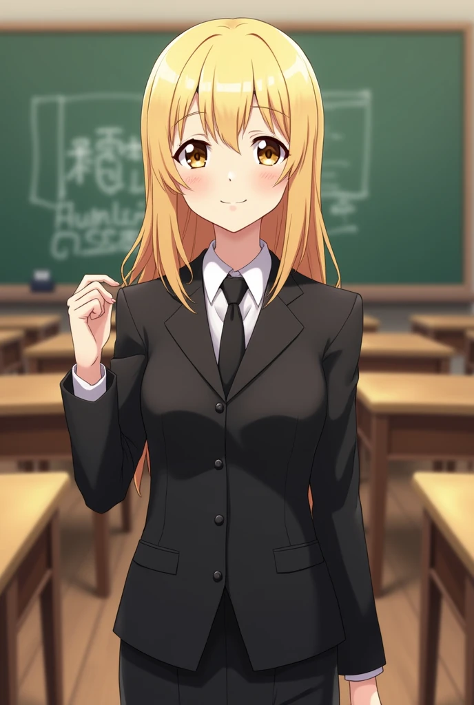 female, blonde hair, straight hair, shoulderlength hair, brown eyes, small, black uniform, smile, classroom background, mature, adult, anime, jjk,