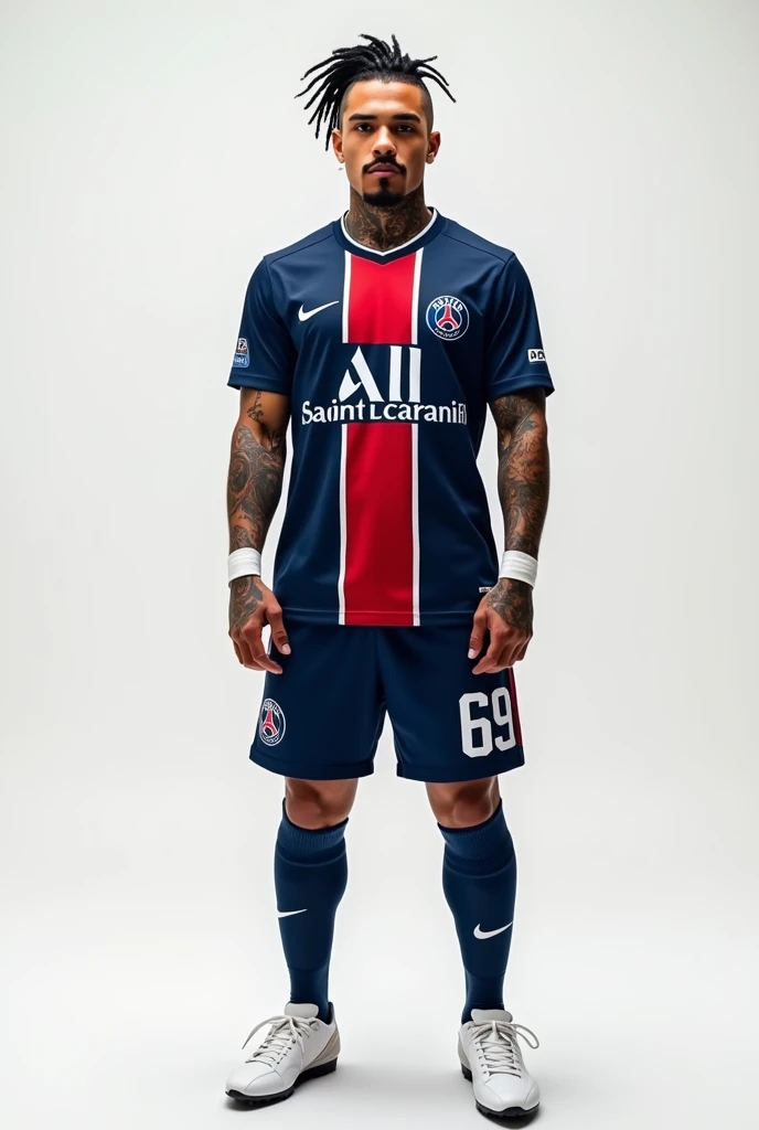 Young 2 sexy Rude gangster with black hair shaved on the sides with braids brown eyes thick lips cinnamon skin athletic body masculine energy and sexy defined chin white trimmed beard colored tattoo marked biceps wears black colored man Muslim style, He wears the navy blue PSG uniform with a central red and white stripe., Navy blue shorts with the number 69 and white cleats. The background is white and he is standing, kiss the team shirt. 8k