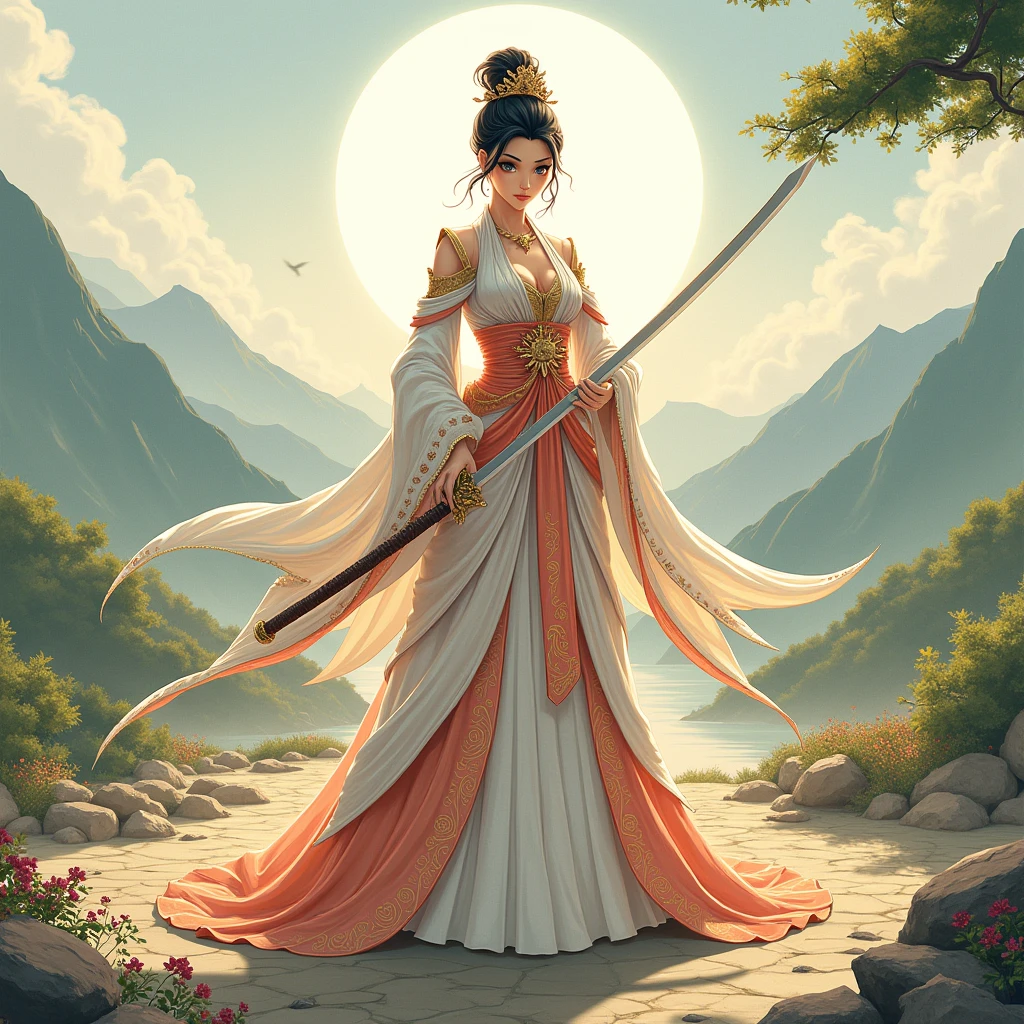 Princess in a long dress with a sword in a 2d Japanese landscape