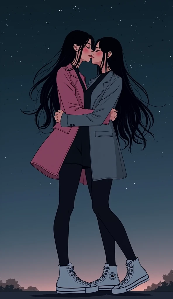 Two girls, long black hairs, yuri
(The first girl wear a pink suit, black shirt, pink cap, black pencil skirt, black underpants, black tights, white socks, pink sneakers high top)

(The second girl wore a grey suit, black shirt, grey cap, black pencil skirt, black underpants, black tights, white socks, grey sneakers high top)

hugging, lesbian kissing, bedroom, sensual body, fantastic night moon sky, novel cartoon, 4K, HD