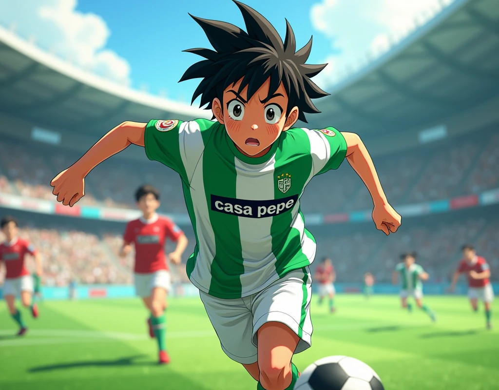 A 3D digital illustration of Tsubasa özora from the animated series. He wears a green and white vertical striped t-shirt and the text "Casa Pepe" appears in bold black letters on the t-shirt. Otsubasa ōzora runs across the soccer field with the ball on his foot. Below appears the text "Palillo C.F" in large