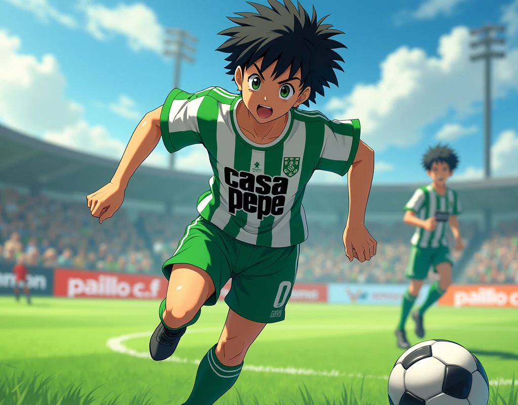 A 3D digital illustration of Tsubasa özora from the animated series. He wears a green and white vertical striped t-shirt and the text "Casa Pepe" appears in bold black letters on the t-shirt. Otsubasa ōzora runs across the soccer field with the ball on his foot. Below appears the text "Palillo C.F" in large