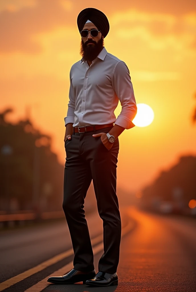 A sardar man with stylish cut beard , wearing black turban with sunglasses , white shirt and boot cut trousers , chalsea shoes standing in sunset
