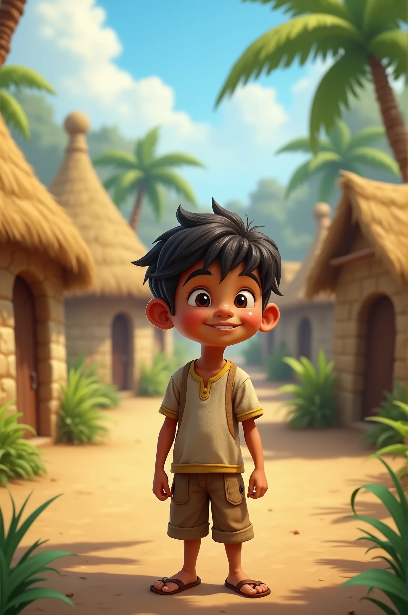 Prompt: "A cheerful young boy named Sonu standing in a small, vibrant village, with thatched huts and greenery around."