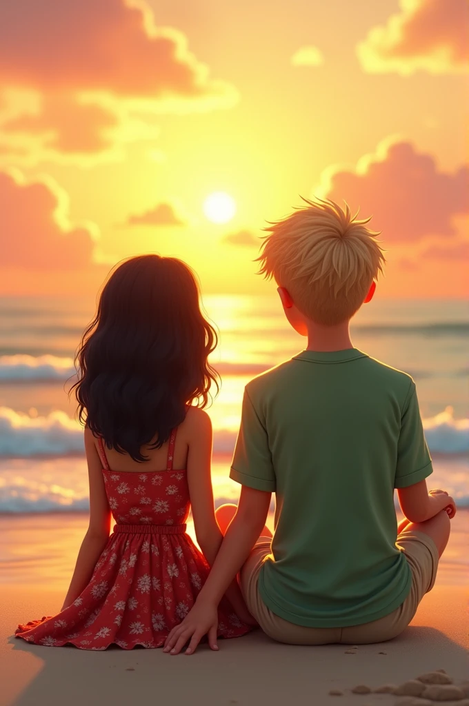 And Indian girl with light skin and wearing a red floral dress strap to her knees and with wavy hair darkest shade of brown mid length siting beside a German boy with blonde hair taller than her wearing a green linen shirt with beige shorts . The scene is on the beach they are facing there back and sitting watching the sunrise on the beach with a little laid back posture and their hands touching a little