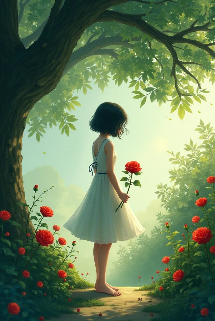 A girl in a garden she is standing under tree and the camera is zooming from her back in her right hand some red rose her face is hiden