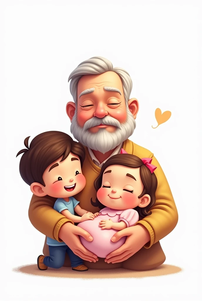 Cartoon grandfather without beard and without mustache with short brown hair, with age male grandson and newborn female granddaughter in pink dress on a white background 