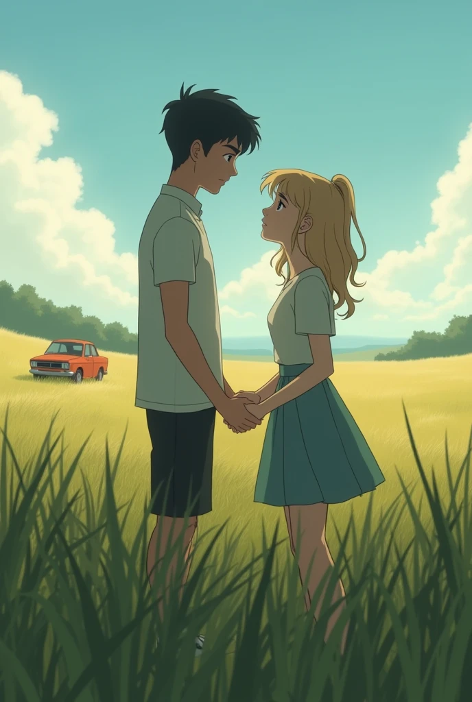 age boy saying goodbye to a teengirl leaving with her family far away in a field and the boy is left alone