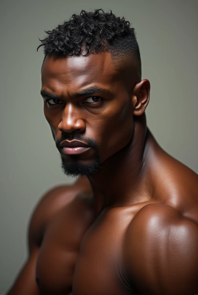 Face of an 1 bodybuilder with dark skin, brown eyes and a cropped haircut