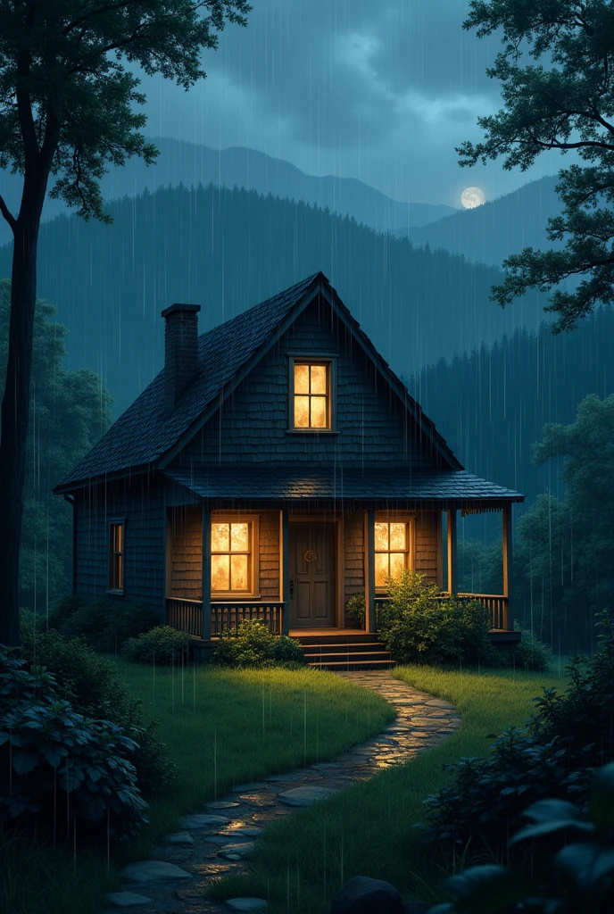 Make a picture of a house at night and it's raining