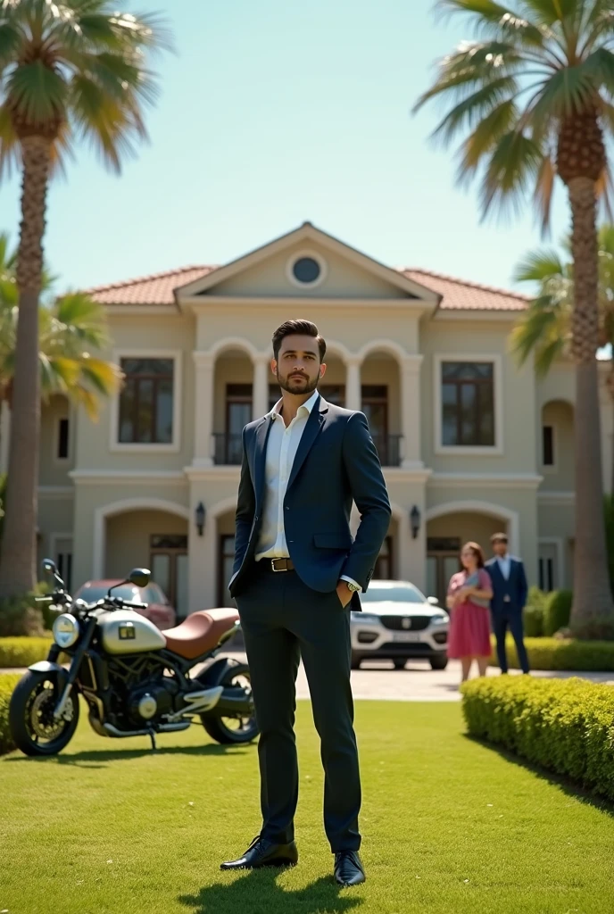 A 22 years man
 stand on his billion dollar property with is family.
And his side one Mahindra Thar and one Ducati bike present 

