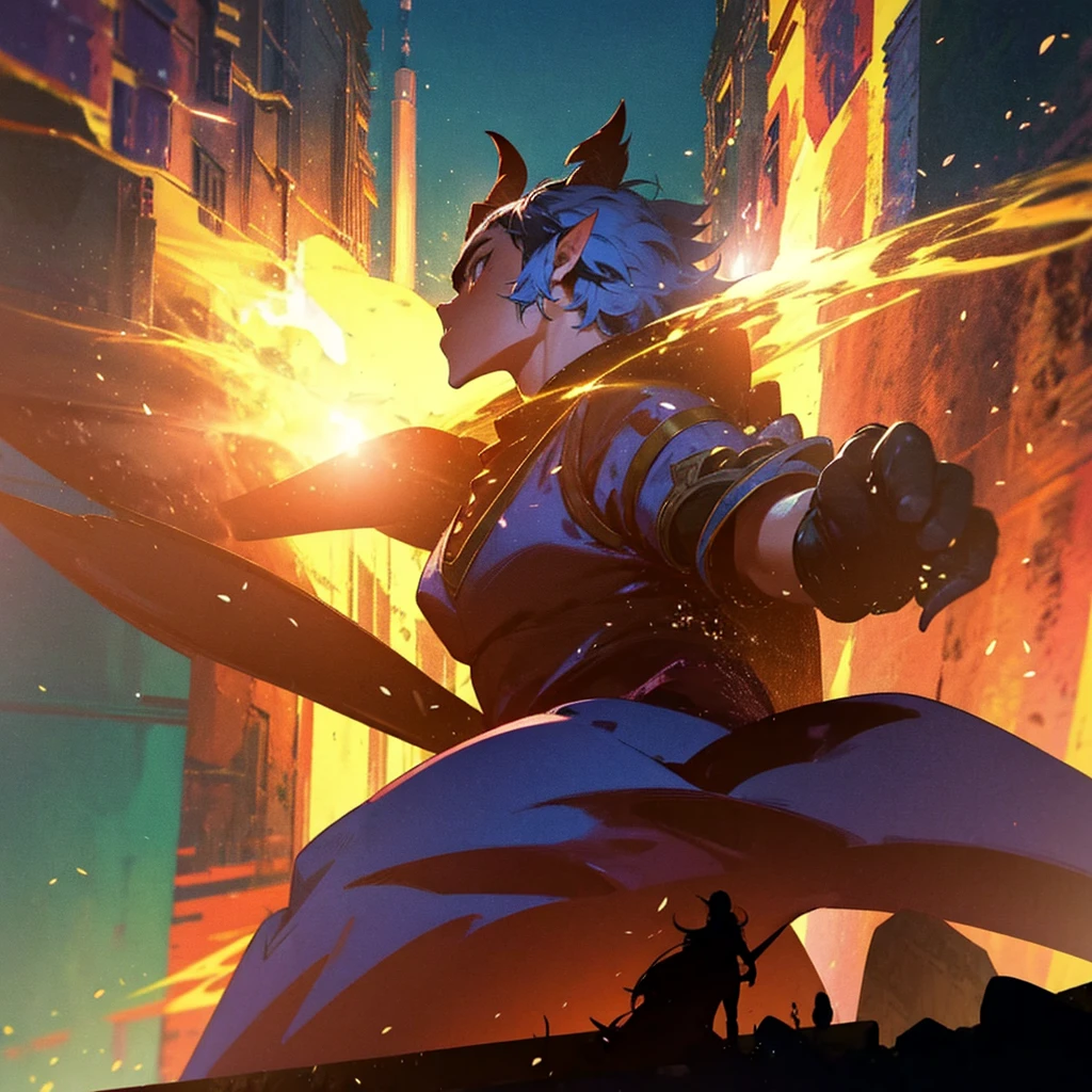anime character standing in front of a fire demon in a city, d&trends at artstation, epic RPG art, d & d fantasy digital art, epic fantasy art style, Epic fantasy digital art style, epic fantasy style art, epic fantasy game art, 2. anime fantasy art 5 d cgi, action RPG video game, granblue pattern, dungeons and dragons art