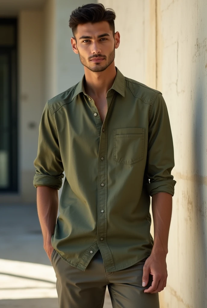 A 2 skinny guy wearing lapel style half sleeves olive colour shirt in and the chino style pants standing in day light near the walls looking attractive