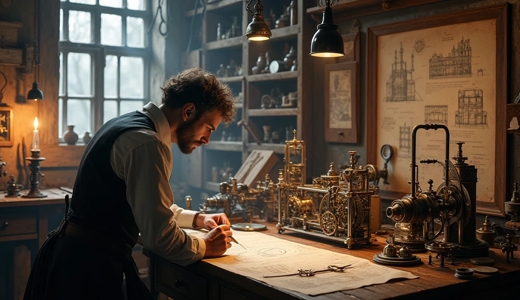 A detailed scene of a 19th-century inventor’s workshop with early technological devices and blueprints. The mood should be one of intense focus and innovation. --ar 16:9