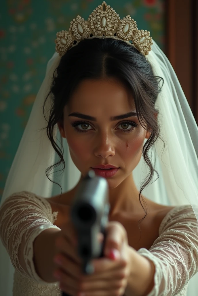 Mexican Chola, thin eyebrows, pouty lips with dark lip liner crying in a Mexican style wedding dress, lace veil and with a gun 
