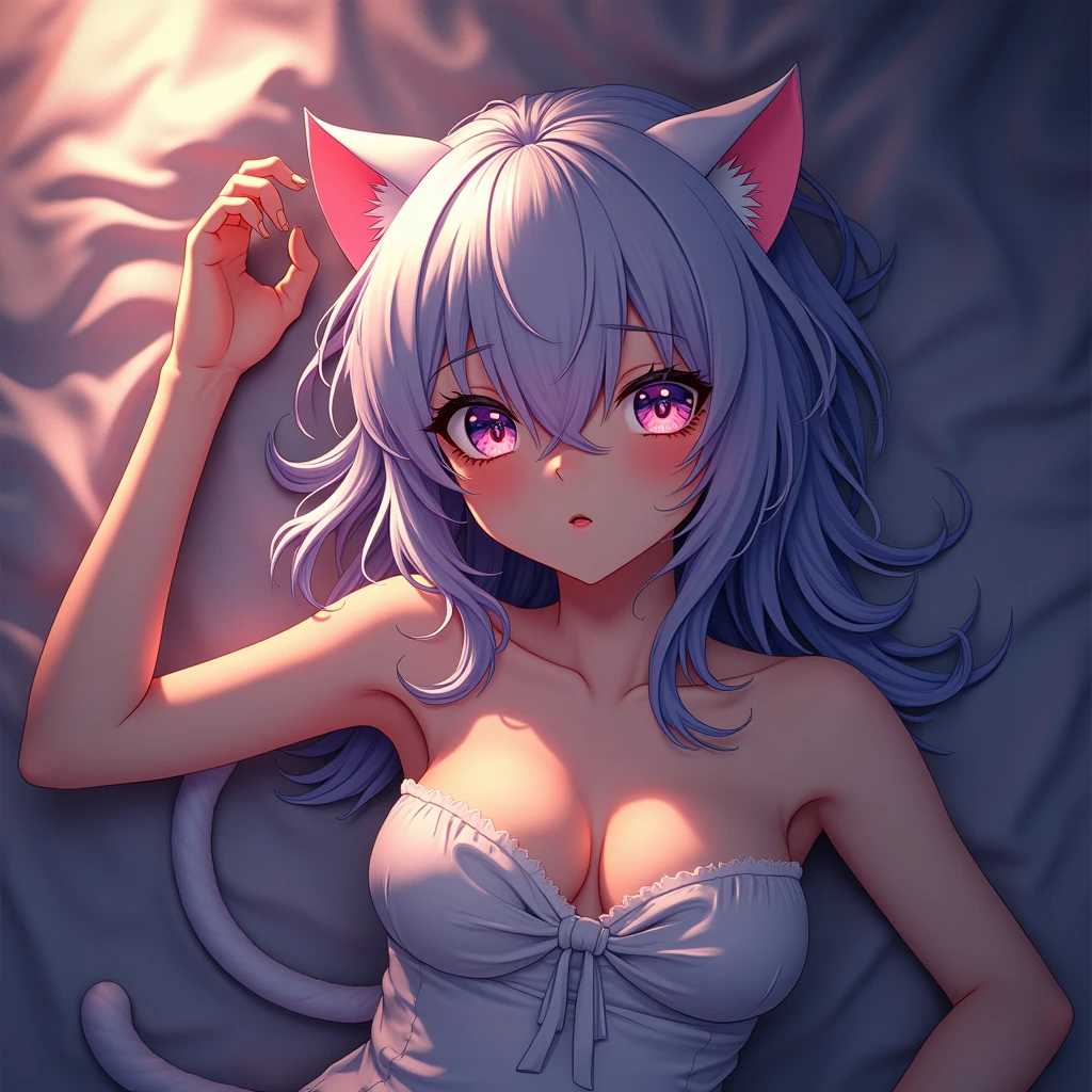 Cat_girl, She covered one eye with her own bangs、 (((Hide one eye with bangs)))、Sleep on your back, Shy smile, From above,, (Vibrant colors), chest,
