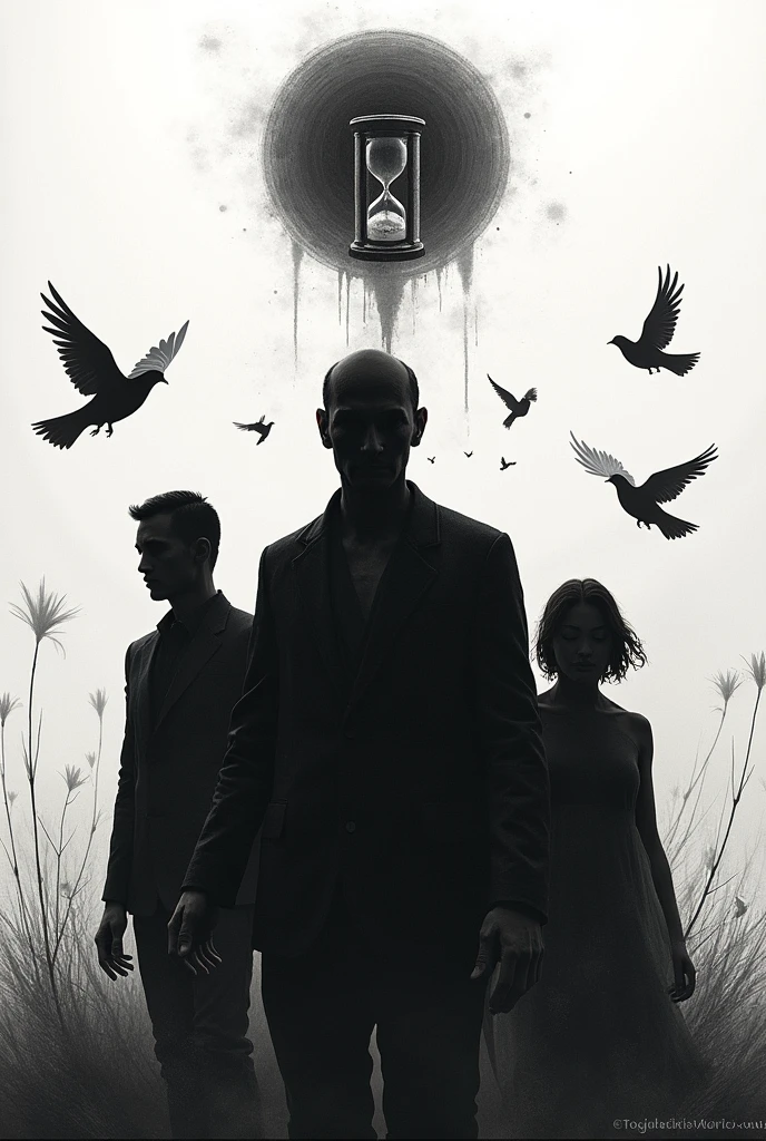 Drawing that represents chronicles of a death foretold in black and white and that shows the doves and the hourglass and the DEATH of Santiago Nasar and Angela Vicario and Bayardo San Roman(only the outline of the drawing)
Outline of the drawing