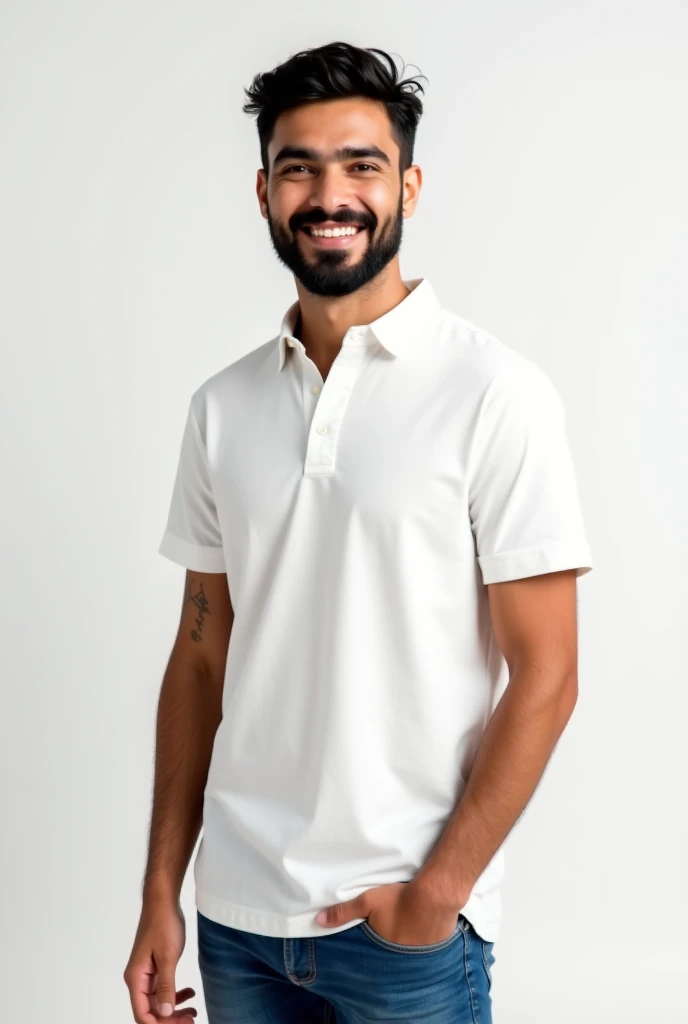 young man, black hair, thin, with a little beard on his chin, smiling, white shirt, jeans, white background