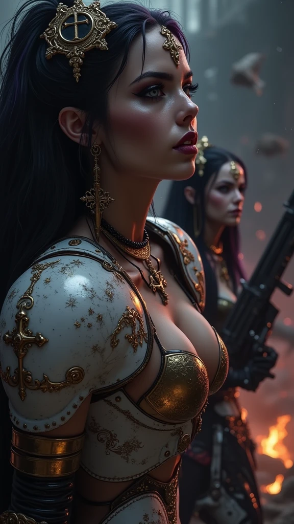 Masterpiece, Best Quality, Official Art, (Highly Detailed CG Unity 8k wallpaper), Detailed background, (Hands by Guido Daniele: 1.1). Full body pose sexy sisters of battle from the warhammer 40k, shooting at the enemy, white armor with intricate details, red armor with intricate details, religous symbols on the armor, sisters of battle, warhammer 40k, Massive silicone breast, pale skin, seductive, temptation, eat your soul, clevage, long flowing black hair with purple highlights, heavy gothic makeup, at night, neon, beautiful detailed eyes, beautiful detailed lips, extremely detailed eyes and face, long eyelashes, highly detailed armor, intricate futuristic weaponry, dramatic lighting, cinematic composition, muted color palette, gritty and realistic, mecha, science fiction, hyper-detailed, photorealistic, award winning digital art, 8k, HDR, masters work, in the middle of a battle field, full body combat action pose, explosions and fire around, full war, stunning, Stilleto heels, high heels, full body pose, cinematic, movie trailer, final stand!, nemesis, ready to strike, dust and debree, combat screams, attacking, shooting at the enemy, running forward, last line of defense, charging, fanatic, religious, templar knights, sisters of battle, warhammer 40k