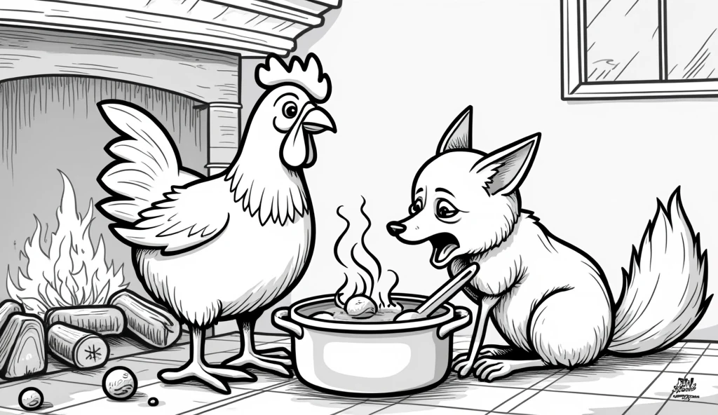 drawing of a fox and a chicken. The chicken must be cooking a nail soup and the fox must be making a fire, to a fireplace at night. The drawing must be and cannot be colored.. The chicken must look smart and the fox must look hungry and tired.. The image must be for coloring. remember if, The chicken is the one cooking.