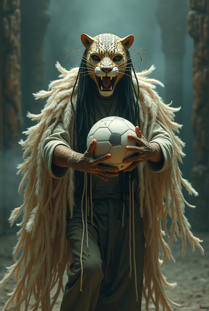 PERSON DRESSED IN HISTLE CLOTHING WITH FEATHER-LIKE ROPE DANCING WEARING A JAGUAR MASK WITH HIS MOUTH OPEN AND ARMS OPEN HUGGING A SOCCER BALL