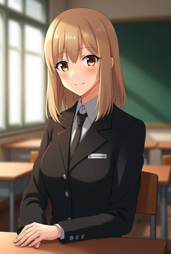 female, dirtyblonde hair, straight hair, shoulderlength hair, brown eyes, small, black uniform, smile, classroom background, mature, adult, anime, jjk,