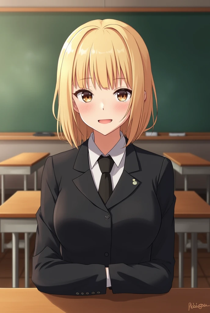 female, dirtyblonde hair, straight hair, shoulderlength hair, brown eyes, small, black uniform, smile, classroom background, mature, adult, anime, jjk,