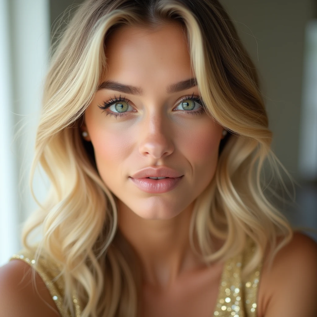 american blondy woman, dark green eyes, beautifull lips, detailed, instagram influencer, wearing gold t short, headshot